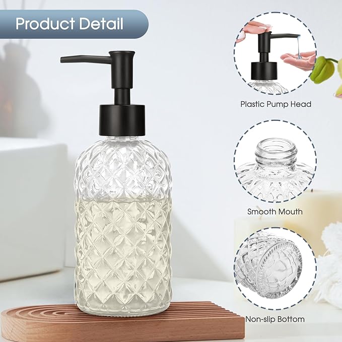 2 Pack Gem Glass Soap Dispenser with Black Plastic Pump, 13oz Liquid Hand Soap Dispenser, Rustproof Pump for Kitchen & Bathroom, Great for Lotions, Essential Oil, Liquid Soaps-Clear