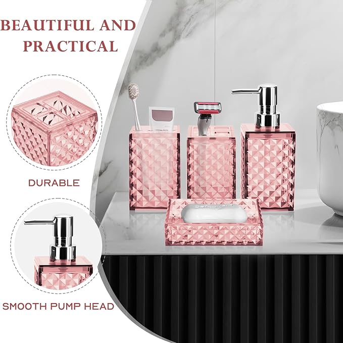 Bathroom Accessory Set, Grid Pattern 4 Pcs Plastic Bathroom Set Include Soap Dispenser, Soap Dish, Toothbrush Holder, Mousewash Cup, Modern Bahtroom Décor Set(Pink)