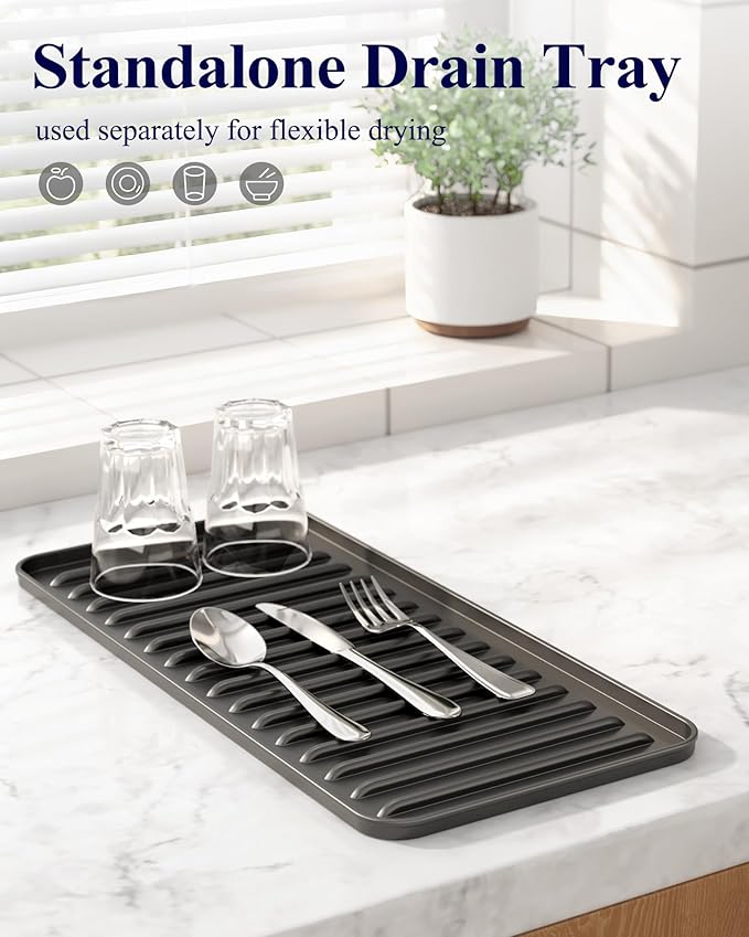 Kitsure Dish Drying Rack - Expandable Dish Rack for Kitchen Counter, Over Sink Or in Sink, Space-Saving Plates Dryer with Cutlery Holder & Drip Tray, 14.0"-20.9" L x 6.3" W x 8.0" H, Black