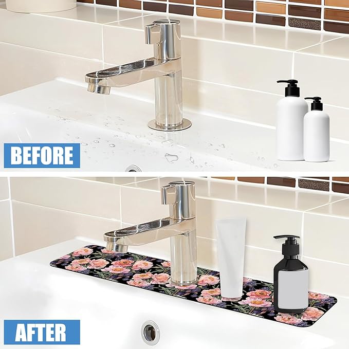 Sink Splash Guard Faucet Mat Peony and Iris Flowers Absorbent Fast Drying Mat Sink Gadgets Splash Guard Behind Faucet Drip Catcher for Kitchen Bathroom 23.5"X5.5"