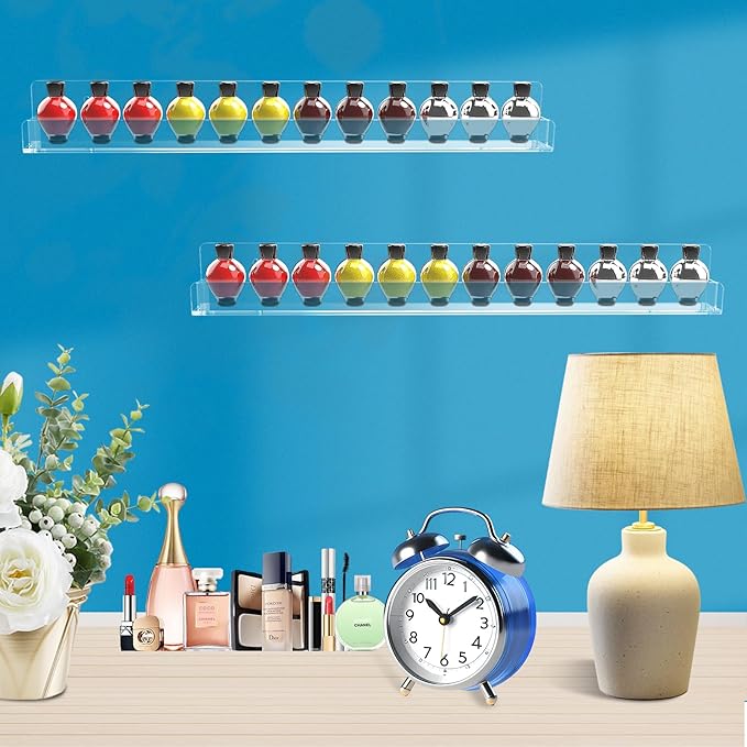 Nail Polish Shelf Wall 15 Inch Acrylic Clear Rack Sunglass Organizer Multi-Purpose Floating Shelves for Beauty Salons Retailer Dressing Room (12 PCs)