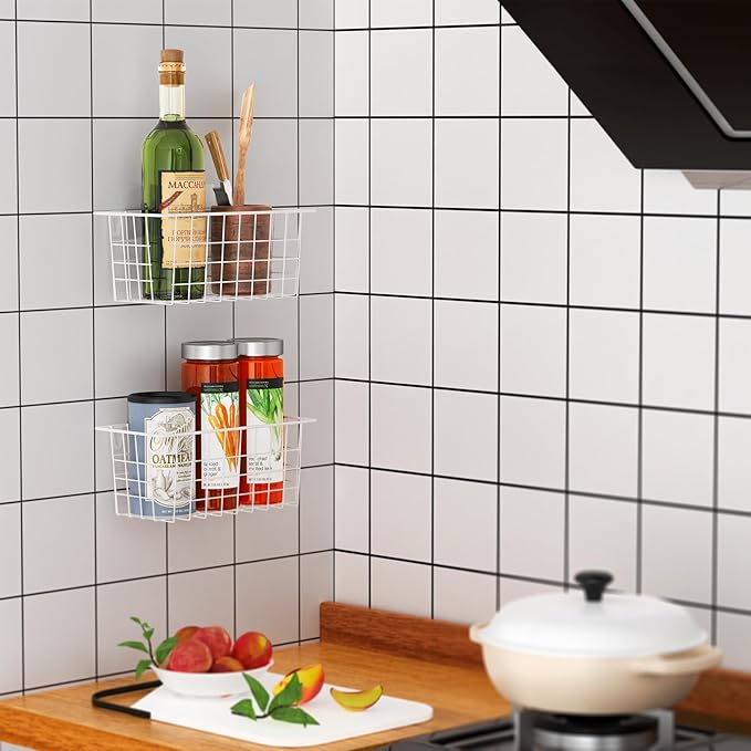 MaraFansie Hanging Wire Baskets Kitchen Storage Basket Adhesive and Screws Basket Over the Cabinet Door Organizer with Adhesive Strips and Screws Accessories, White, 4 Pack