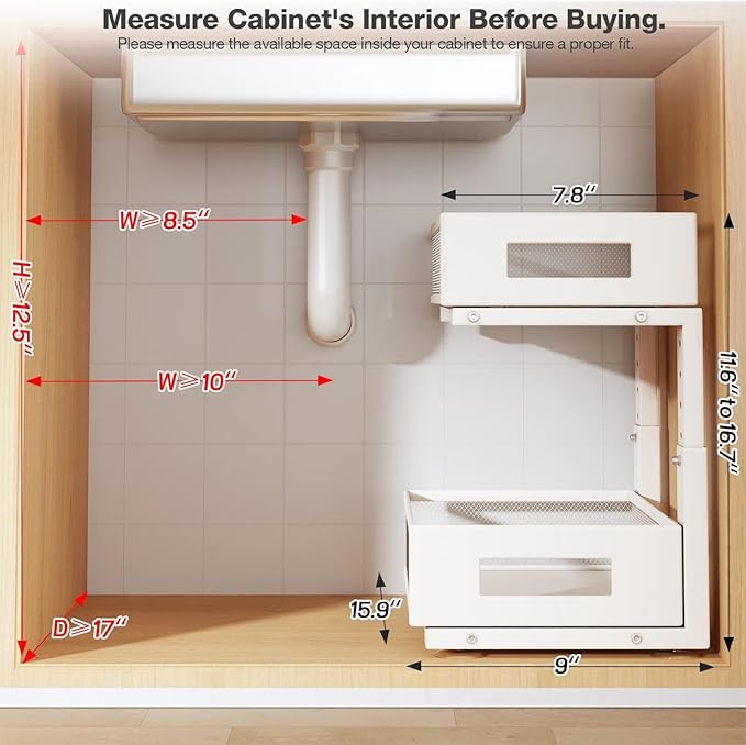 Under Sink Organizer, 2-Tier Dual Pull Out Cabinet Organizer Drawers With Smooth Circular Rail, Large Capacity Metal Mesh Sliding Shelves For Bathroom& Kitchen Storage,Height Adjustable–White,1 Pack