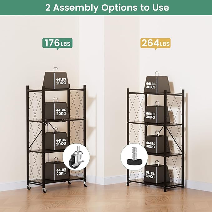 ALANNG 4 Tier Storage Shelves on Wheels, No Assembly Metal Folding Shelf Heavy Duty, Black | Colorful | Rolling | Collapsible | Rack Unit | for Living Room Office | 13.4" D x 28" W x 50" H