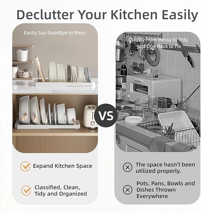 Expandable Pot and Pan Organizer Rack for Kitchen Cabinet or Under Sink, Adjustable Lid Holder with 7 Dividers, Space-Saving Storage for Renters, Small Homes, and Busy Cooks, White