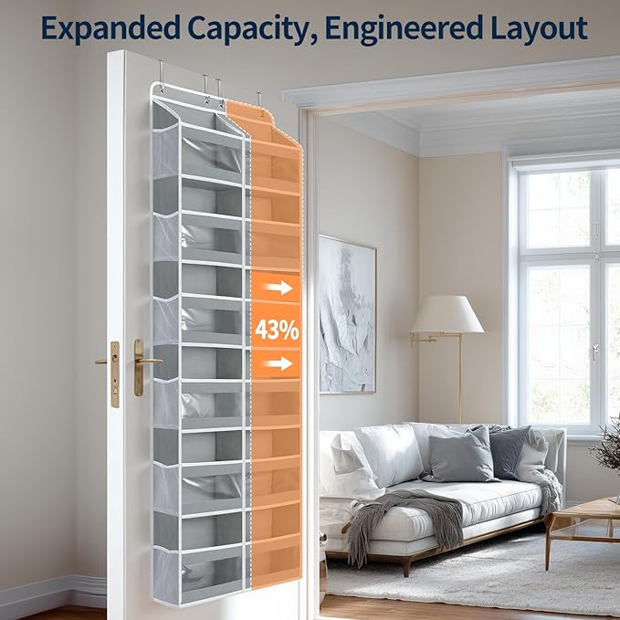 Yecaye 6-Tier Over The Door Organizer Dual-Column of 12 Compartments, College Dorm Essentials with Clear PVC Windows, Heavy Duty Door Organizer Hanging for Bedroom Closet Bathroom Pantry Nursery, Gray