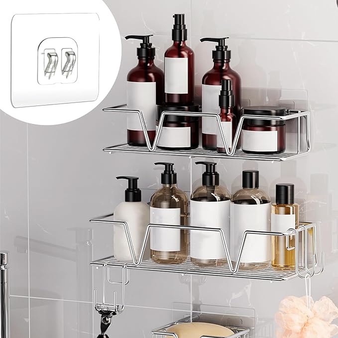 6PCS Shower Caddy Adhesive Replacement, Strong Transparent Adhesive Hooks, No Drilling Shower Shelf, Waterproof Showers Adhesives Strip, Ad-Hesive Hook for Showers