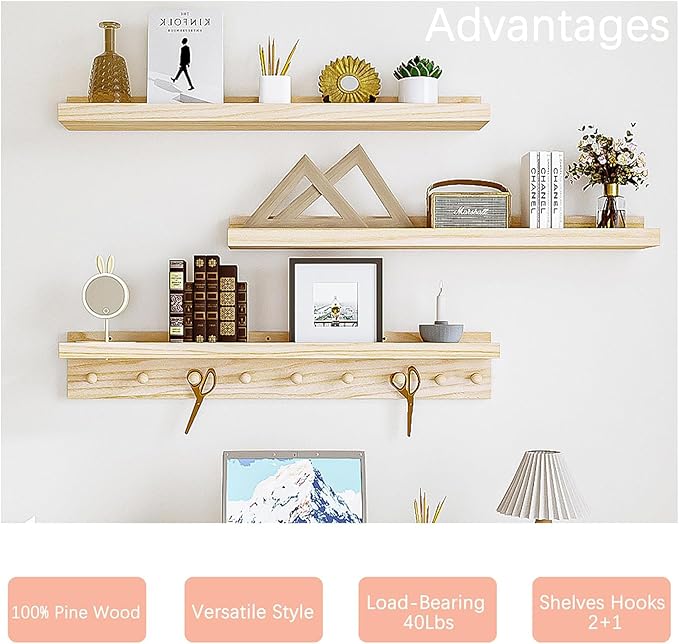 MBYD Natural Wood Shelf with Hooks, Floating Shelves for Wall Bathroom Shelves, Wall Mounted Nursery Bookshelf for Kids Room, Toy Storage Shelf for Bedroom Picture Ledge Shelves (Natural, 36 Inch)