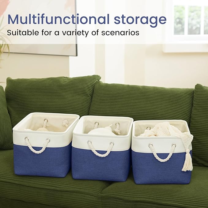 Large Storage Baskets- 15x11x10 inch Storage Bins for Shelves and Closet Organizing, Foldable Fabric Bin for Home Organization Clothes and Laundry (3-Pack, White&Blue)