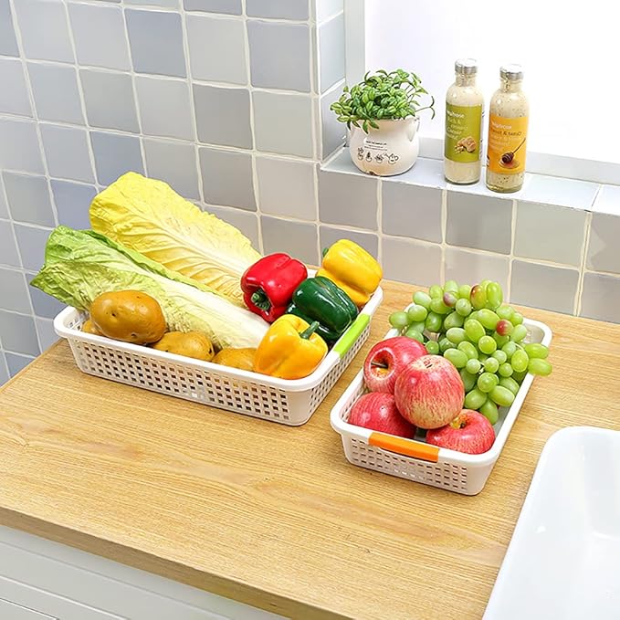 Lawei 8 Pack Large Plastic Storage Basket with Handle - 15 x 10 x 3 Inch Pantry Organizer Basket Bins Desktop Paper Storage Basket for Organization, Countertops, Cabinets, Bedrooms, Bathrooms