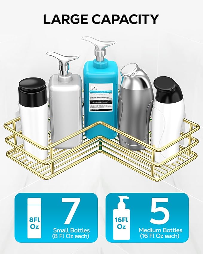 Nieifi Corner Shower Shelves Stainless Steel, Adhesive Shower Caddy Basket Rack with Hooks, Rust Proof for Bathroom Shelf Shampoo Holder (Golden, 2 Pack)