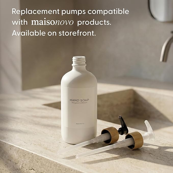 MaisoNovo Glass Hand Soap Dispenser | Dish Soap Dispenser for Kitchen | 16.9oz White Bottles with White Bamboo Pump | Bathroom Lotion Dispenser