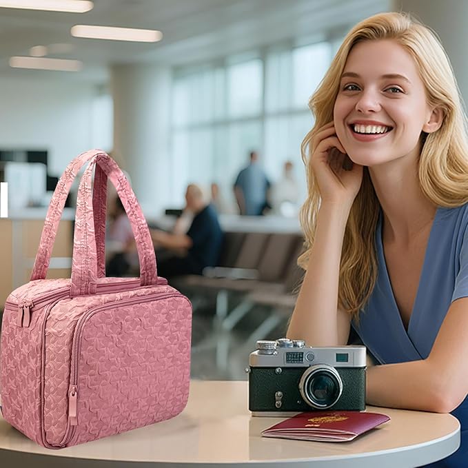 SUNRISING Travel Toiletry Bag, Lightweight Large Wide-open Travel Bag for Women, Puffy Cosmetic Makeup Bag Organizer with Handle for Accessories Essentials Toiletries - Pink