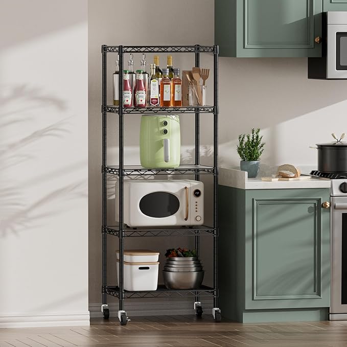 SINGAYE 5 Small Shelf Storage Wire Shelves Closet Bathroom Organizers Metal Pantry Kitchen Garage Shelving Unit Laundry Room Organization Home Narrow Rack Net Basket with Wheels Black