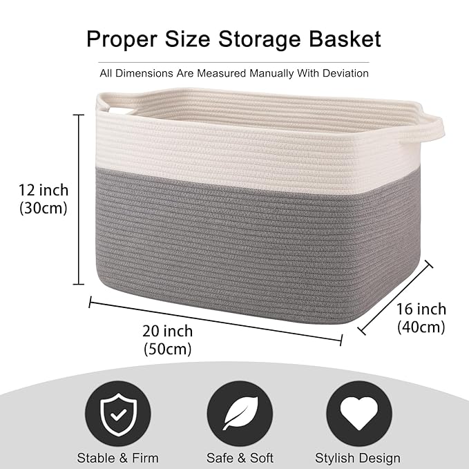 OIAHOMY Large Storage Basket, Cotton Rope Woven Blanket Basket, Toy Bin for Baby Room, Container for Blanket Storage in Living Room, 20''×16''×12'', Grey & White