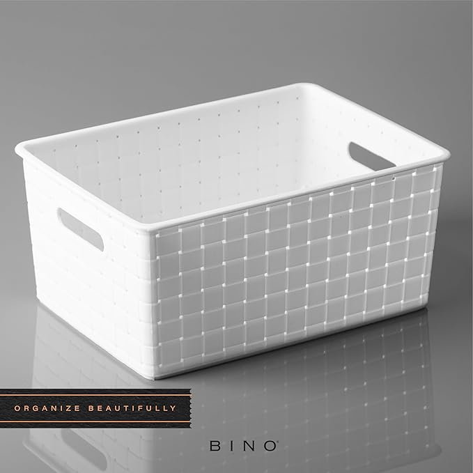 BINO Plastic Storage Baskets - Medium White - Rectangular Cabinet Organizer - Multi-Use Storage with Handles - Space Efficiency and Stock Management