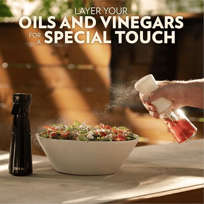 FLAIROSOL OLIVIA SIGNATURE Advanced Kitchen Oil Sprayer Technology, Continuous Fine Mist with Portion Control, Reusable Glass Olive Oil Spray Bottle, Anti-Drip & Leakproof, Black 200ml