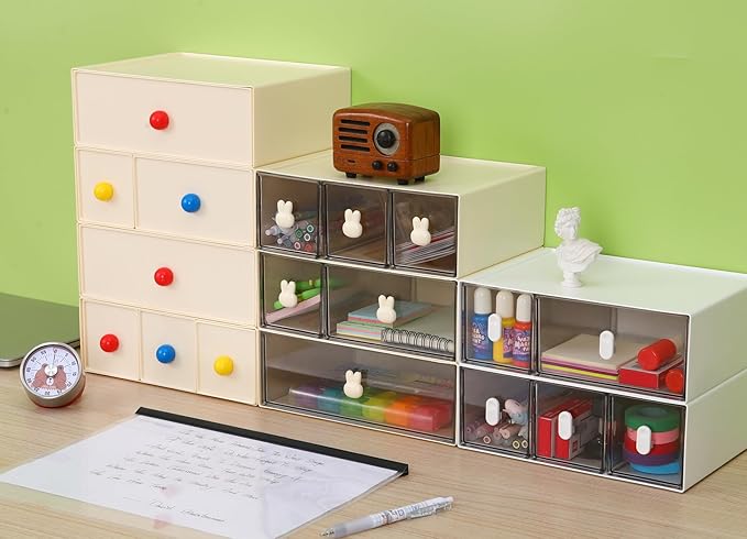 Desktop Storage Drawers, Plastic Desk Organizer with 2 Drawers, Modular Stackable Toolbox Units for Office Stationary, Makeup Container, Bathroom Countertop (1 Tall Layer, Cream & Clear)