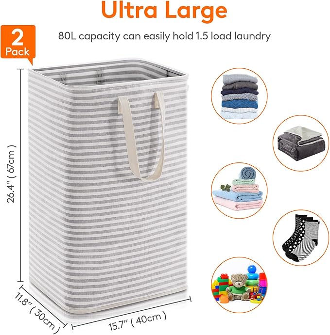 Lifewit 2 Pack Laundry Hamper Large Collapsible Laundry Baskets, Freestanding Waterproof Clothes Hamper with Easy Carry Handles in Laundry Room Bedroom Bathroom College Dorm, Grey, 2 x 80L