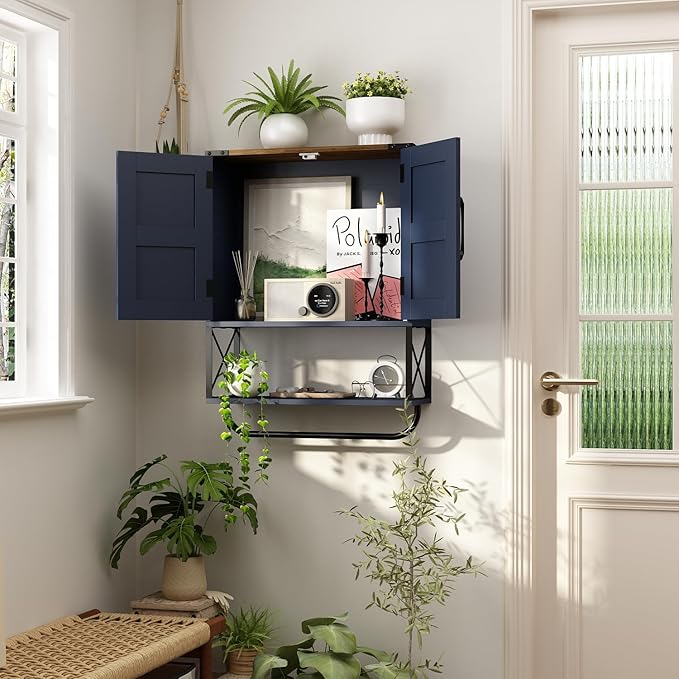 RUSTOWN Farmhouse Medicine Cabinet with 2 Barn Door, Boho Wood Wall Mounted Storage Cabinet with Adjustable Shelf and Towel Bar, 3-Tier Bathroom Cabinet for Bathroom (Navy Blue and Walnut)