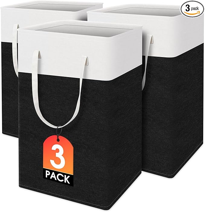 laundry basket 3-Pack, laundry hamper, Hamper with handles, collapsible laundry baskets, Waterproof dirty clothes hamper, Towel Storage for Home or Dorm, 75L-Black