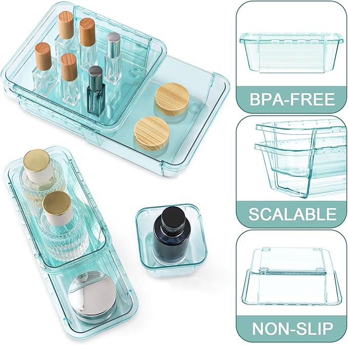 14 Pcs Clear Drawer Organizer, Adjustable Drawer Storage Box, 3-Size Desk Drawer Organizer, Acrylic Storage Bins for Makeup, Kitchen Utensils, Bedroom Dressers Tool Organizer for Gadgets, Blue