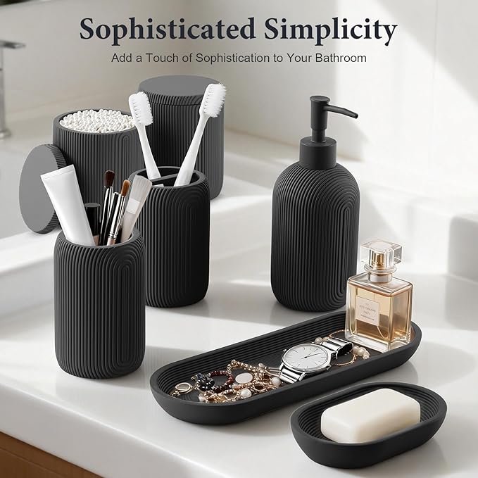 Bathroom Accessories Set - 7-Piece Resin Bathroom Set, Toothbrush Holders Set, Soap Dispenser, Qtip Holder Dispenser, Tumbler, Soap Dish & Tray, Modern Bath Decor for Home Dorm Hotel (Black)