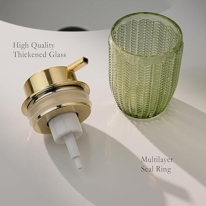 Foaming Hand Soap & Lotion Dispenser, Refillable Glass with Large Gold Pump(Barrel Pattern-Green)