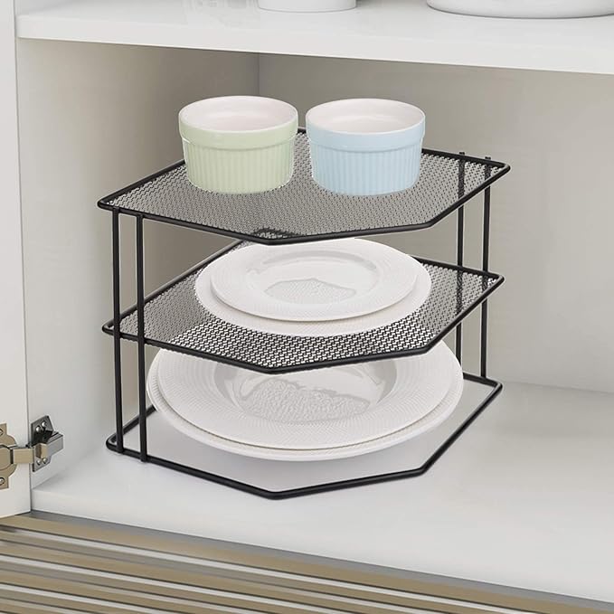 yarlung 3-Tier Cabinet Corner Shelf, 9x9x7.5 Inches Metal Wire Plate Rack Kitchen Counter Corner Organizer for Cups, Dishes, Cupboard, Pantry, Black Elegant Finish