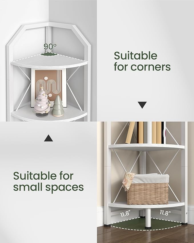 5-Tier Corner Shelf, Industrial Corner Bookshelf, 59.4" Corner Storage Stand, Plant Stand Display Shelf, Corner Bookcase for Bedroom, Living Room, Home Office, White TCJ10WB