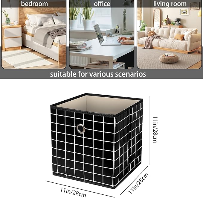 Foldable Storage Cubes Bins,11 Inch Cloth Storage Cube Fabric Storage Box Cubes Organizer Baskets with Dual Handles for Home Organizer Set of 3 (Black grid)