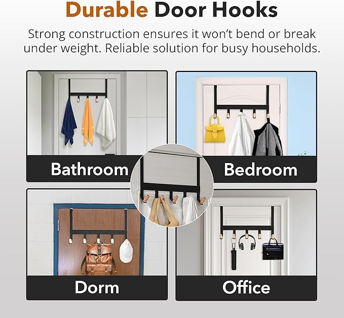 A&M Shops Over The Door Hanger - Heavy Duty Metal Door Hanger with Lotus Wood Tip for Bathroom & Bedroom - Coat Rack Organizer with 5 Stylish Towel Hooks for Door, Clothes & Bags - Black - Pack of 2