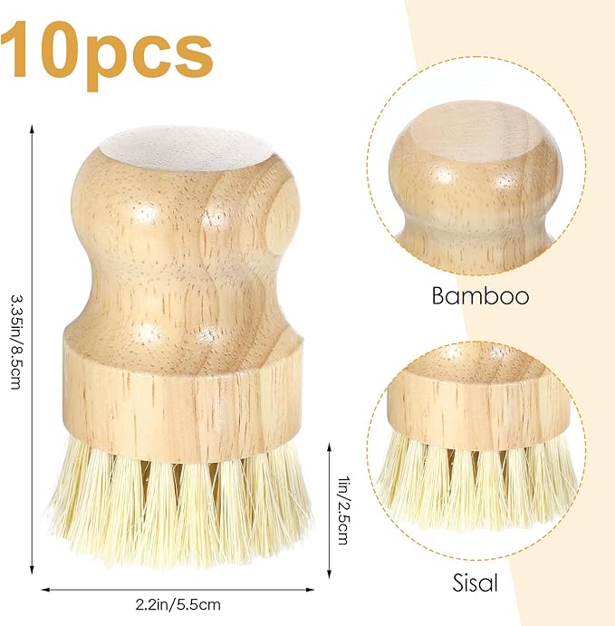 10 Pack Bamboo Dish Brush Set, Natural Dish Scrub Brush with Handle, Wooden Dish Scrubber for Kitchen Cleaning, Eco-Friendly Scrub Brush for Dishes, Pots, Pans, and Vegetables