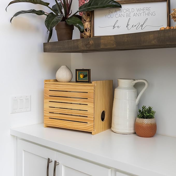 Wooden WiFi Router Storage Box - Deluxe Wall Mountable Decorative Modem Shelf Hider Cover with Cable Management System - Rustic Home Organization Solution for Routers Up to 11" Tall - Pine