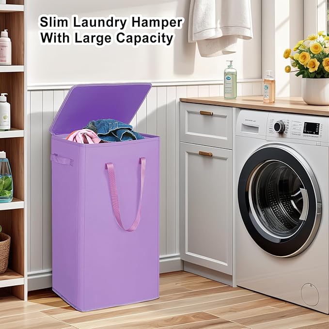 Odonata 75L Slim Laundry Hamper with Lid,Large Foldable Laundry Basket with Removable Bag and Handles Tall Collapsible Dirty Clothes Basket Great for Bedroom, Bathroom, Dorm, College,RV.(Purple, 75L)