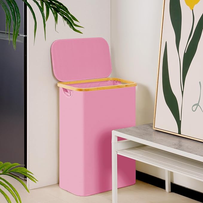 efluky Slim Laundry Basket with Lid, Narrow Laundry Hamper with Removable Bag, Skinny Dirty Clothes Basket with Bamboo Handles for Bathroom, Bedroom & Laundry Room, 65L Pink
