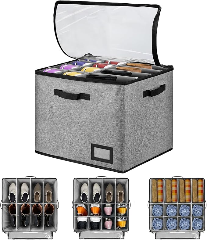 Shoe Organizer for Closet, Stackable Shoe Box w/Clear Cover & Reinforced Handles, Fits 16-32 Pairs, Adjustable Dividers for Sneakers Heels, for Home Travel Entryway, Grey