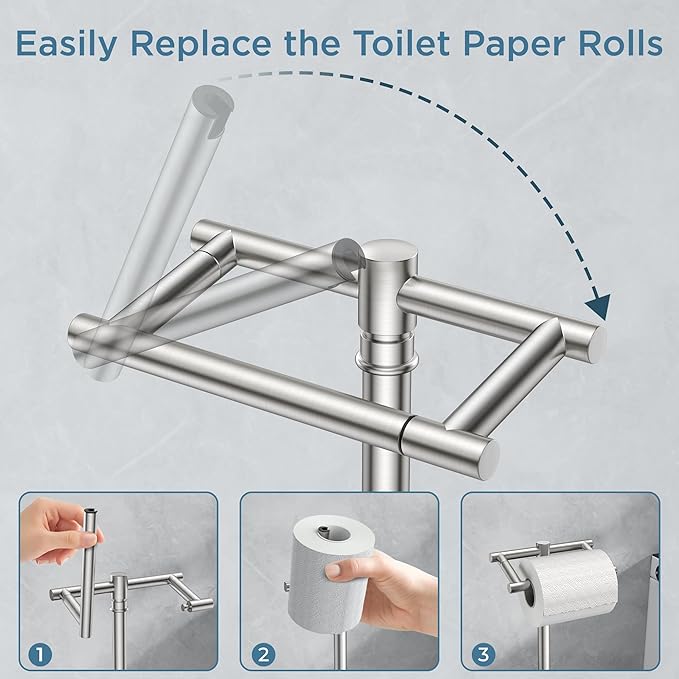 Toilet Paper Holder Stand Adjustable, Freestanding Tissue Roll Holder for Bathroom, Pivoting Design, Durable SUS 304 Stainless Steel and Weighted Base Toilet Paper Stand, Storage, Brushed Nickel