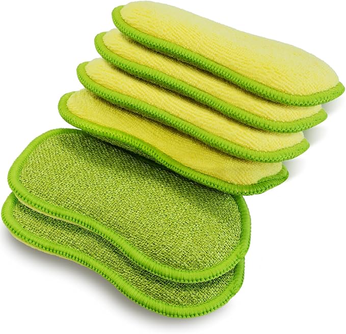 Multi-Purpose Scrub Sponges for Kitchen by SmilePowo Non-Scratch Microfiber Sponge Along with Heavy Duty Scouring Power - Effortless Cleaning of Dishes, Pots and Pans All at Once 6 Pack
