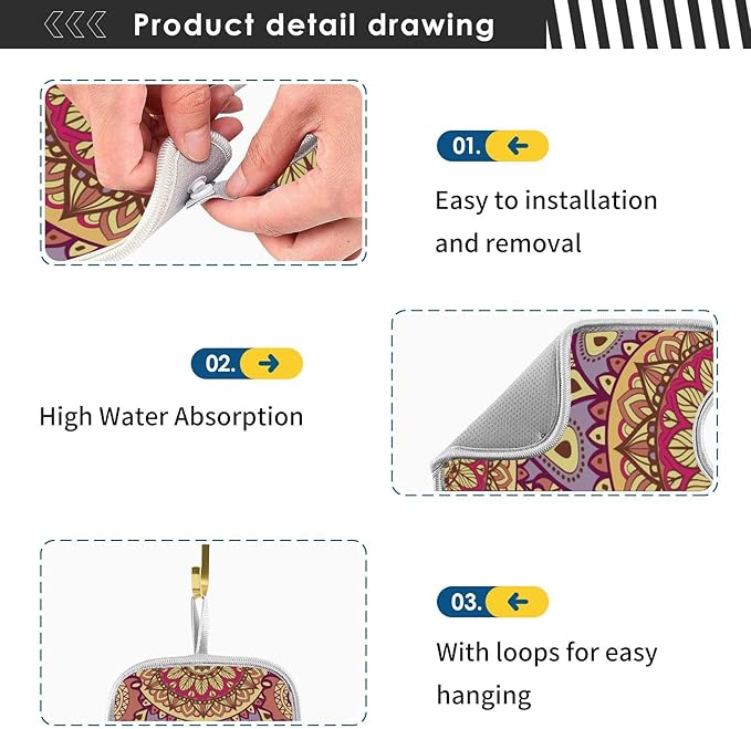 Sink Faucet Absorbing Mat Kitchen Sink Splash Guard Splash Faucet Drip Catcher for Bar RV Bathroom 2PCS 23.6x5.5in Mandala Pattern Purple and Orange