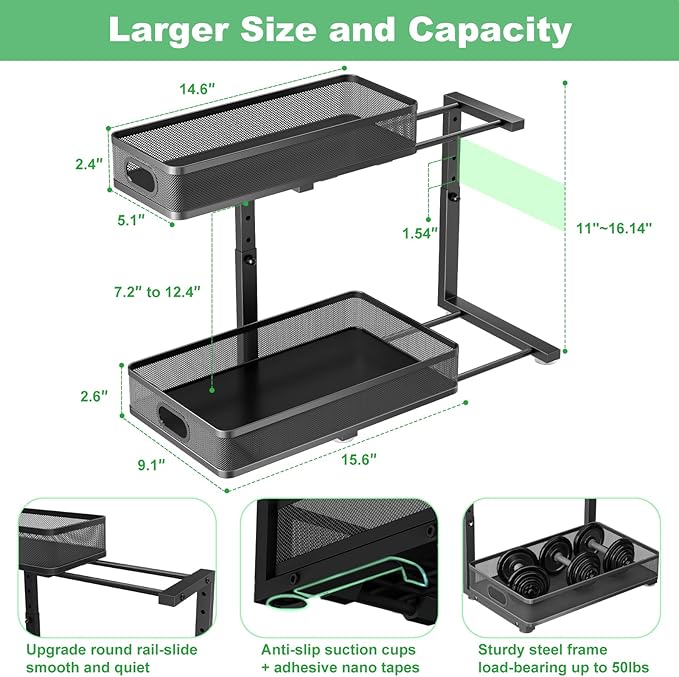 Under Sink Organizer, High Adjustable 2 Tier Under Sink Organizers and Storage, Slide Out Metal Cabinet Organizers, Pull Out Sink Storage Drawer Shelf for Kitchen Bathroom Cabinet, Black, 2 Pack