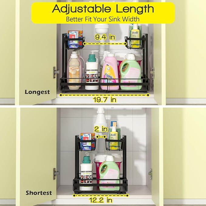 NADAMOO Expandable Under Sink Organizer 2-Tier Black Metal Storage Shelf, Adjustable Under Cabinet Organizer for Kitchen & Bathroom, Space-Saving Rack for Cleaning Supplies & Laundry Essentials
