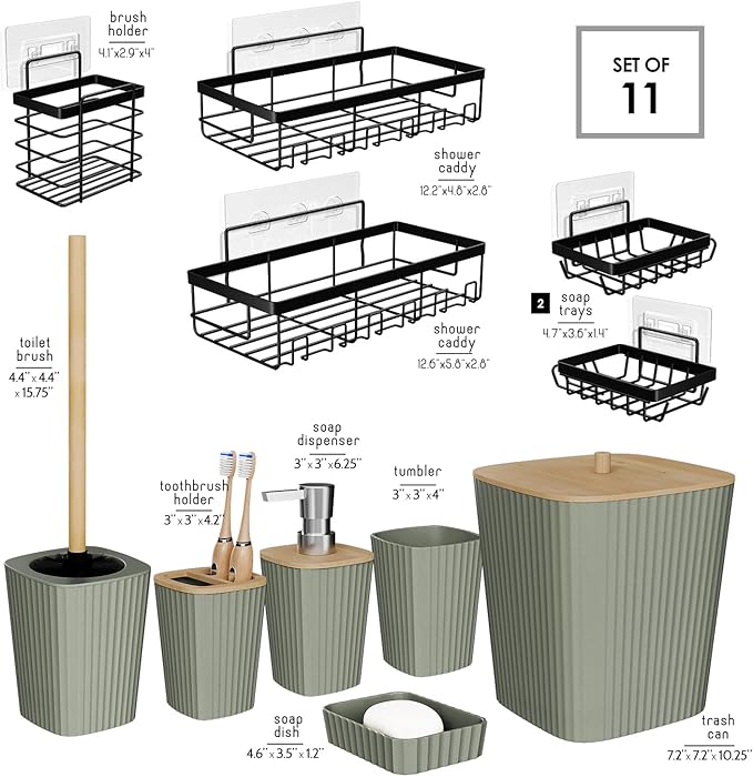 Clara Clark Bathroom Set - Sage Green Bathroom Accessories Set, 6PC Bathroom Accessory Set, Bathroom Sets with Adhesive Corner Shower Caddy Hanging, Toilet Brush, Trash Can & Soap Dispenser