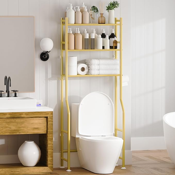 3-Tier Over The Toilet Storage, Space Saver Metal Bathroom Shelves, Freestanding Above Over Toilet Storage Shelf with 4 Hooks for Bathroom, Gold