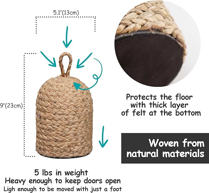 Natural Wicker Door Stopper with Handle, Decorative Door Stop, Heavy Indoor Doorstop, Rustic Farmhouse Blocker Jammer 5.1''D x 7.5''H (Jute)