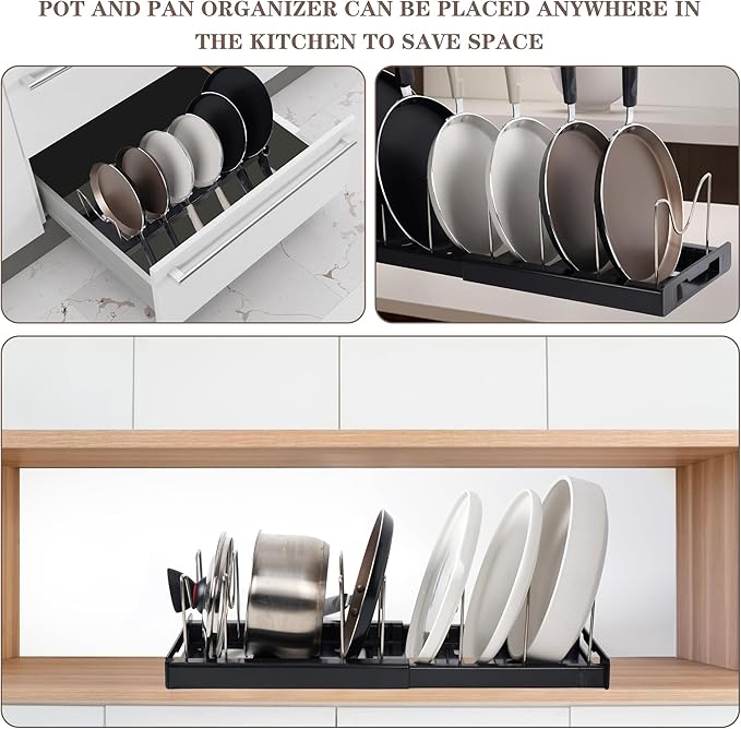 Expandable Pot and Pan Organizer Rack with 7 Stainless Steel Adjustable Shelves, for Neatly Storing Cookware, Pots, Pans, Lid (Style 1)