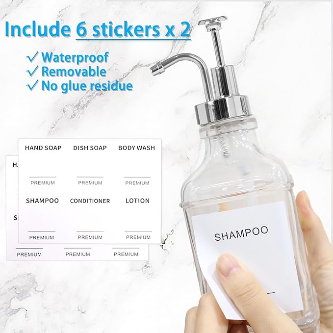 Dish Soap Dispenser for Kitchen, Hand Glass Soap Dispenser Set with Pump, Funnel for Bathroom, Shower, Laundry, Liquid, Lotion (Silver 2 Pack 18 Oz Clear Bottles with 12 Stickers)