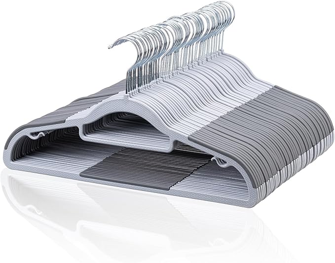 NCXTKJ 50-Pack Heavy Duty Coat Hangers, Non-Slip, 0.2'' Slim, 360° Swivel Hook, 16.5 Inches Wide, Space-Saving Plastic Clothes Hangers for Suit, Shirt & Pants, Light and Dark Gray