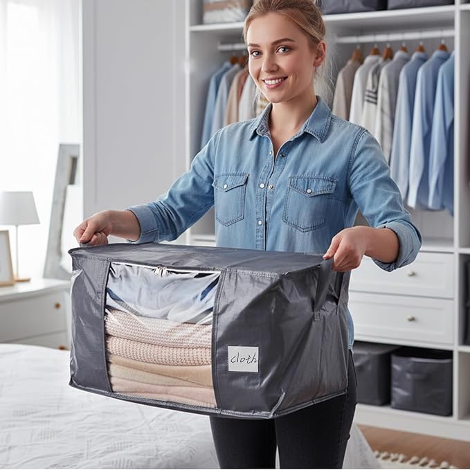 YGEOMER 6 Pack Heavy Duty Blanket Storage Bags Clothes Storage Foldable Closet Organizers Containers with Reinforced Handle for Clothing, Blanket, Comforters, Bed Sheets, Pillows and Toys, Grey 60L