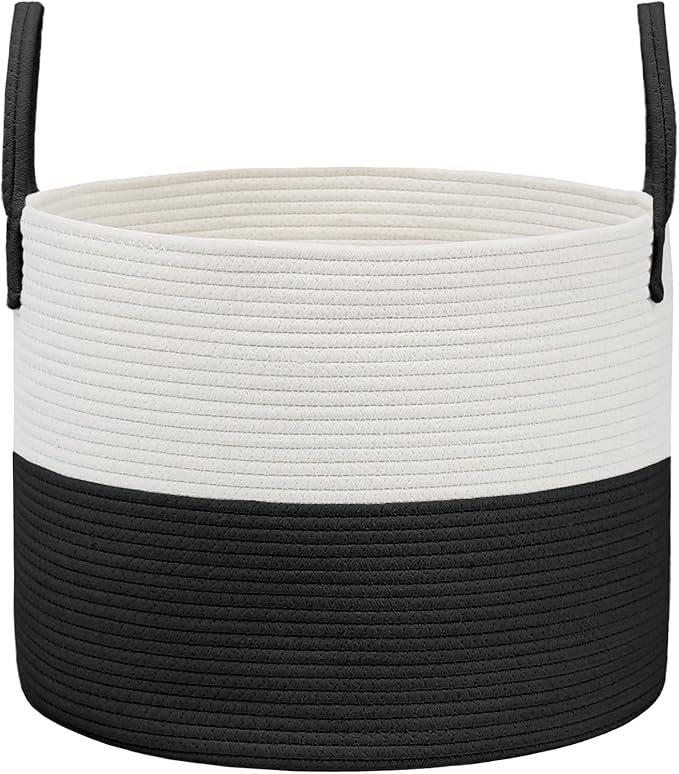 115L Extra Large Blanket Basket for Living Room - Woven Cotton Rope Laundry Hamper with Reinforced Handles - Storage Bin for Pillows, Comforters & Toys - Machine Washable,White&Black